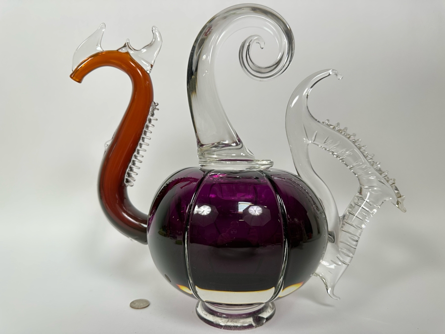 Large Art Glass Carafe With Stopper In Form Of A Dragon Signed New Bay Glass 2001 Chip On Base Very Heavy 8.5W X 14H [Photo 17]
