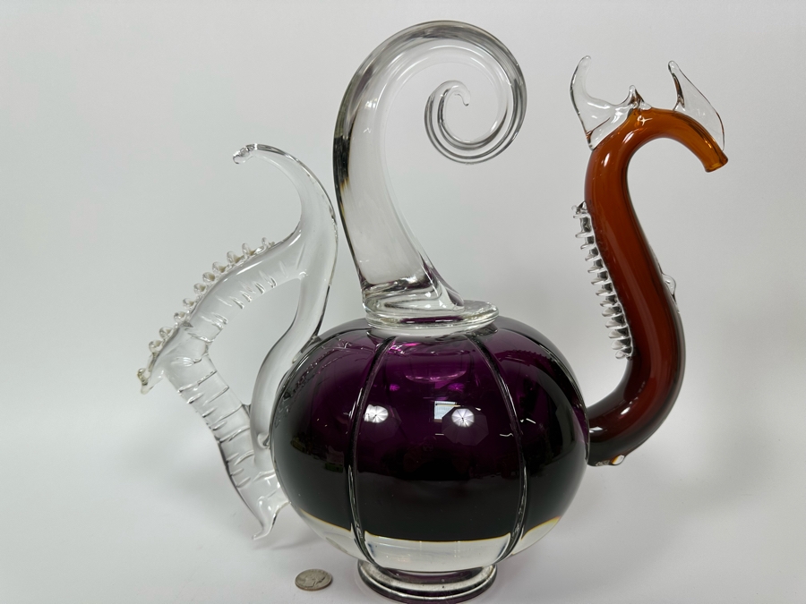 Large Art Glass Carafe With Stopper In Form Of A Dragon Signed New Bay Glass 2001 Chip On Base Very Heavy 8.5W X 14H [Photo 2]