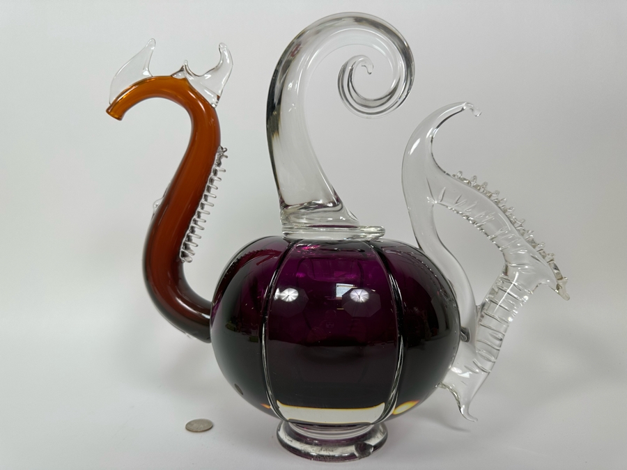 Large Art Glass Carafe With Stopper In Form Of A Dragon Signed New Bay Glass 2001 Chip On Base Very Heavy 8.5W X 14H [Photo 16]