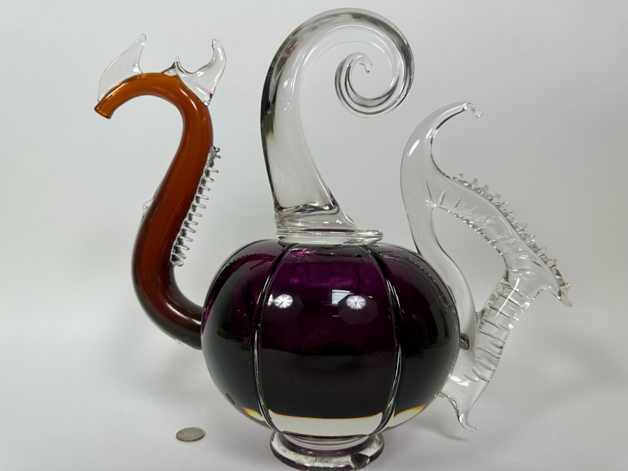 Large Art Glass Carafe With Stopper In Form Of A Dragon Signed New Bay Glass 2001 Chip On Base Very Heavy 8.5W X 14H [Photo 15]