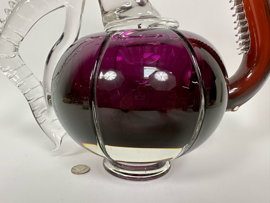 Large Art Glass Carafe With Stopper In Form Of A Dragon Signed New Bay Glass 2001 Chip On Base Very Heavy 8.5W X 14H [Photo 5]