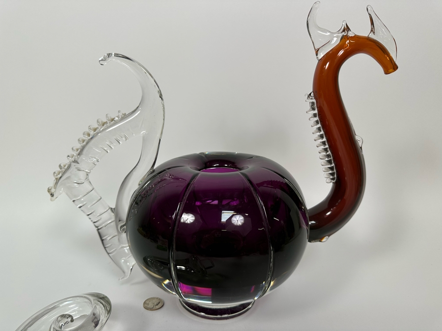Large Art Glass Carafe With Stopper In Form Of A Dragon Signed New Bay Glass 2001 Chip On Base Very Heavy 8.5W X 14H [Photo 10]