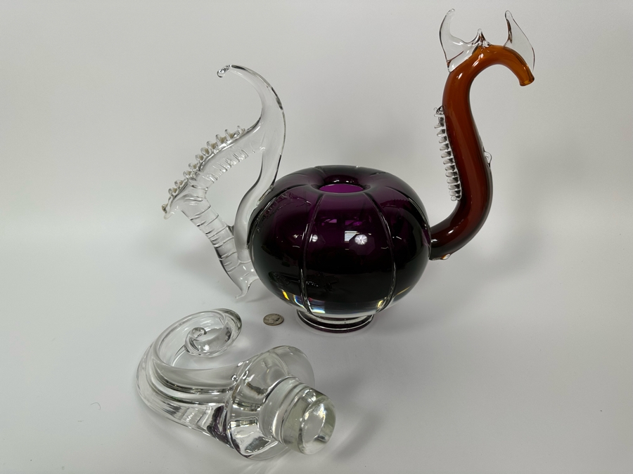 Large Art Glass Carafe With Stopper In Form Of A Dragon Signed New Bay Glass 2001 Chip On Base Very Heavy 8.5W X 14H [Photo 9]