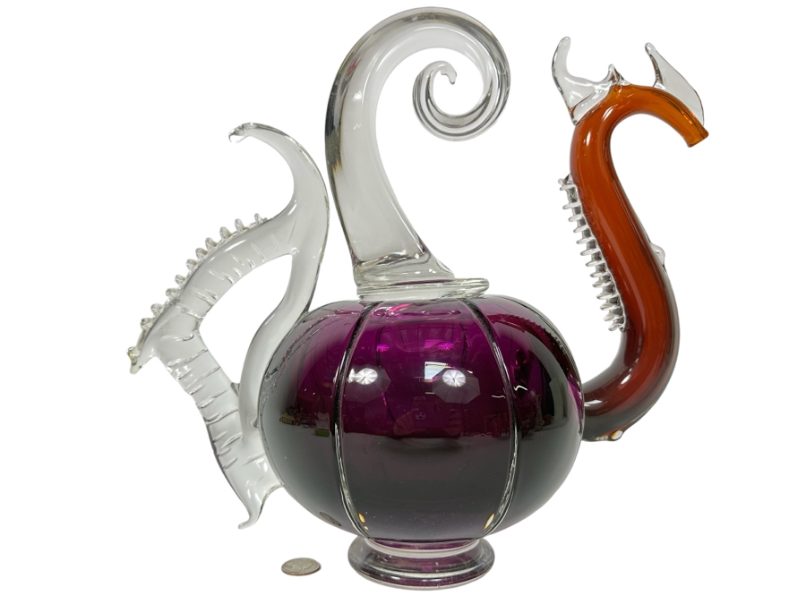 Large Art Glass Carafe With Stopper In Form Of A Dragon Signed New Bay Glass 2001 Chip On Base Very Heavy 8.5W X 14H [Photo 1]