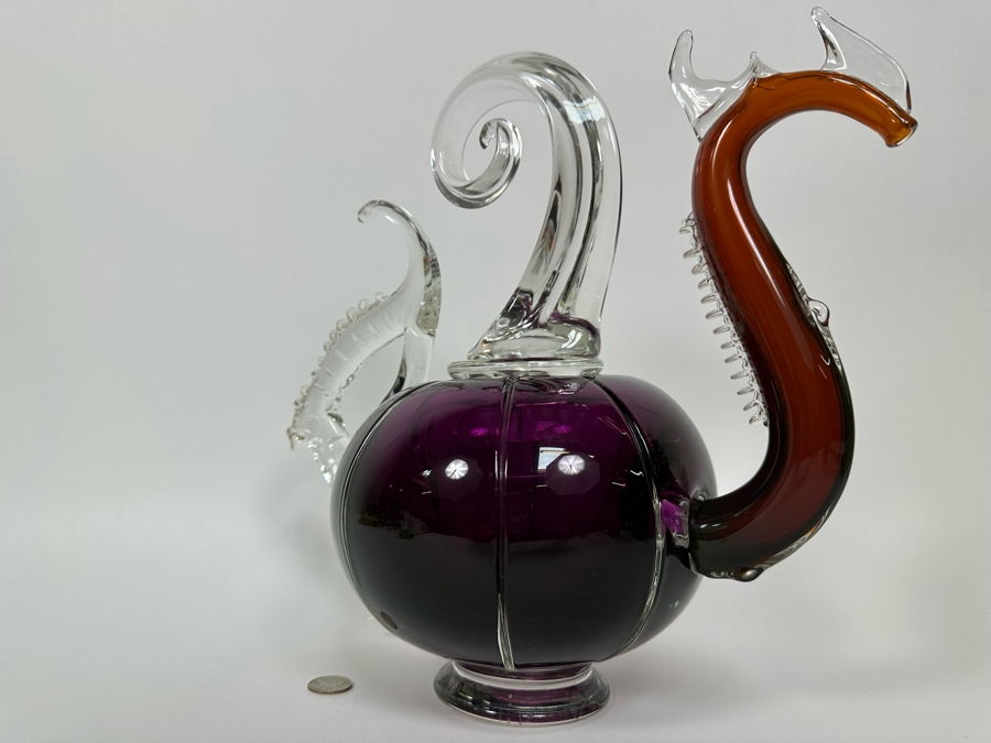 Large Art Glass Carafe With Stopper In Form Of A Dragon Signed New Bay Glass 2001 Chip On Base Very Heavy 8.5W X 14H [Photo 14]