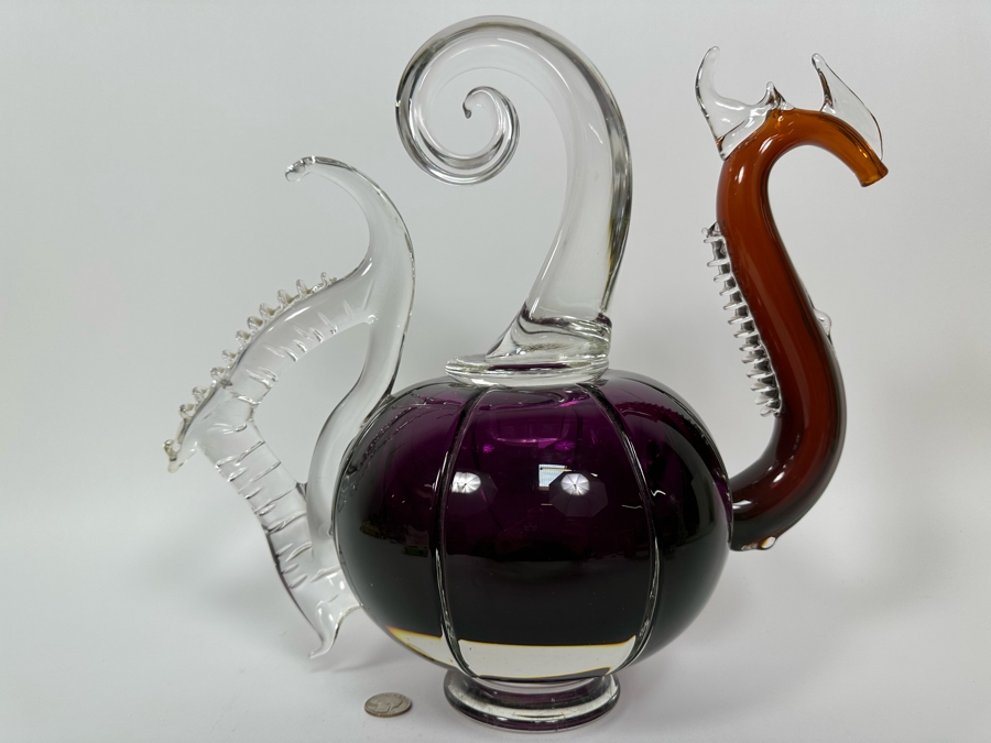 Large Art Glass Carafe With Stopper In Form Of A Dragon Signed New Bay Glass 2001 Chip On Base Very Heavy 8.5W X 14H [Photo 11]
