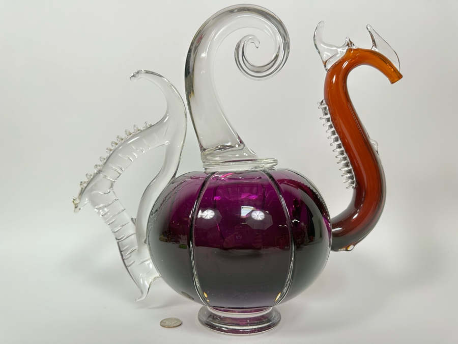 Large Art Glass Carafe With Stopper In Form Of A Dragon Signed New Bay Glass 2001 Chip On Base Very Heavy 8.5W X 14H [Photo 4]