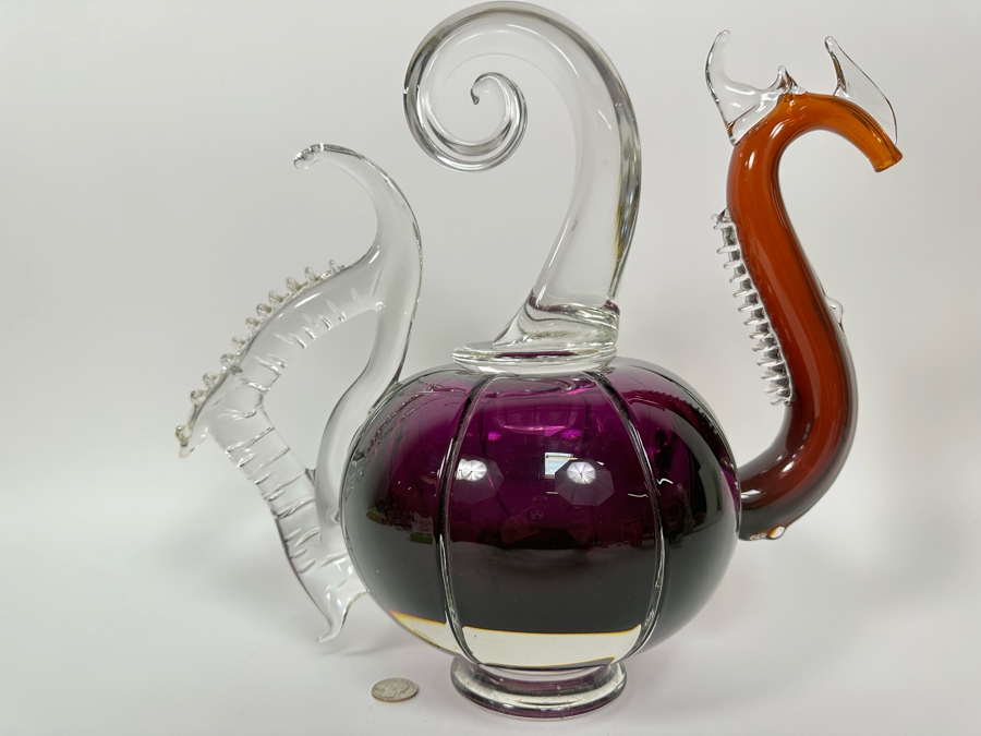Large Art Glass Carafe With Stopper In Form Of A Dragon Signed New Bay Glass 2001 Chip On Base Very Heavy 8.5W X 14H [Photo 13]