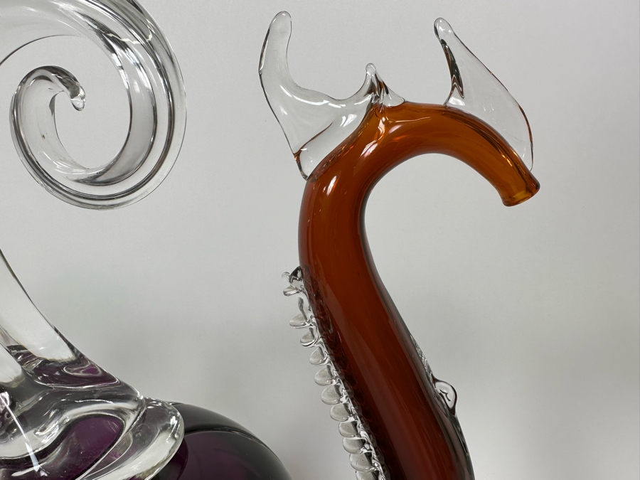 Large Art Glass Carafe With Stopper In Form Of A Dragon Signed New Bay Glass 2001 Chip On Base Very Heavy 8.5W X 14H [Photo 6]