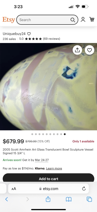 Scott Amrhein Translucent Art Glass Vessel Bowl With Custom Stand Signed Underneath 14W X 5H [Photo 12]