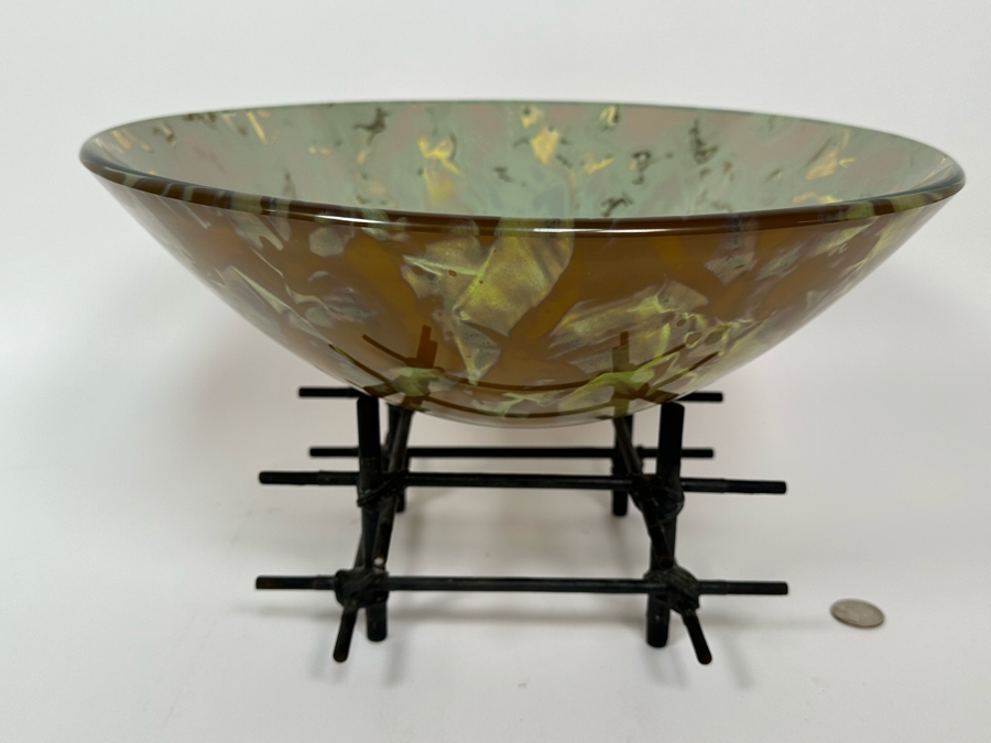 Scott Amrhein Translucent Art Glass Vessel Bowl With Custom Stand Signed Underneath 14W X 5H [Photo 4]