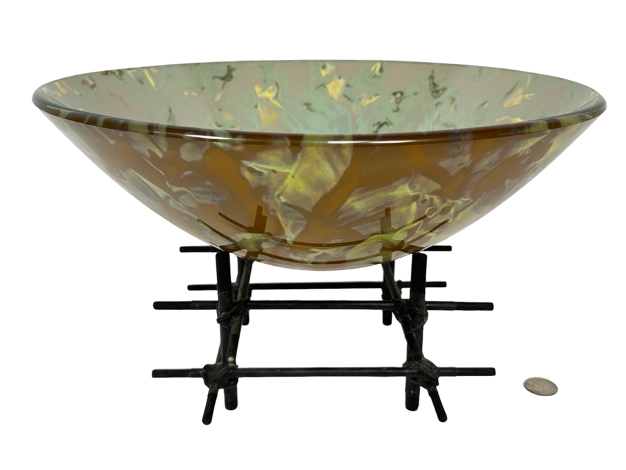 Scott Amrhein Translucent Art Glass Vessel Bowl With Custom Stand Signed Underneath 14W X 5H