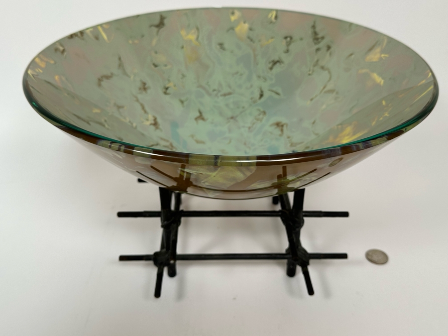Scott Amrhein Translucent Art Glass Vessel Bowl With Custom Stand Signed Underneath 14W X 5H [Photo 6]