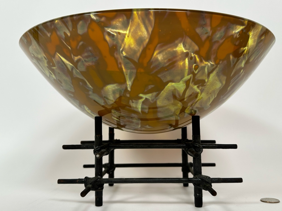 Scott Amrhein Translucent Art Glass Vessel Bowl With Custom Stand Signed Underneath 14W X 5H [Photo 8]