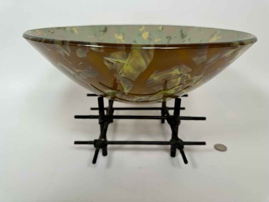 Scott Amrhein Translucent Art Glass Vessel Bowl With Custom Stand Signed Underneath 14W X 5H [Photo 2]