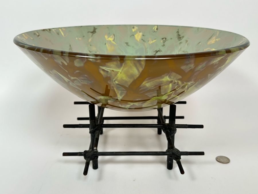 Scott Amrhein Translucent Art Glass Vessel Bowl With Custom Stand Signed Underneath 14W X 5H [Photo 5]