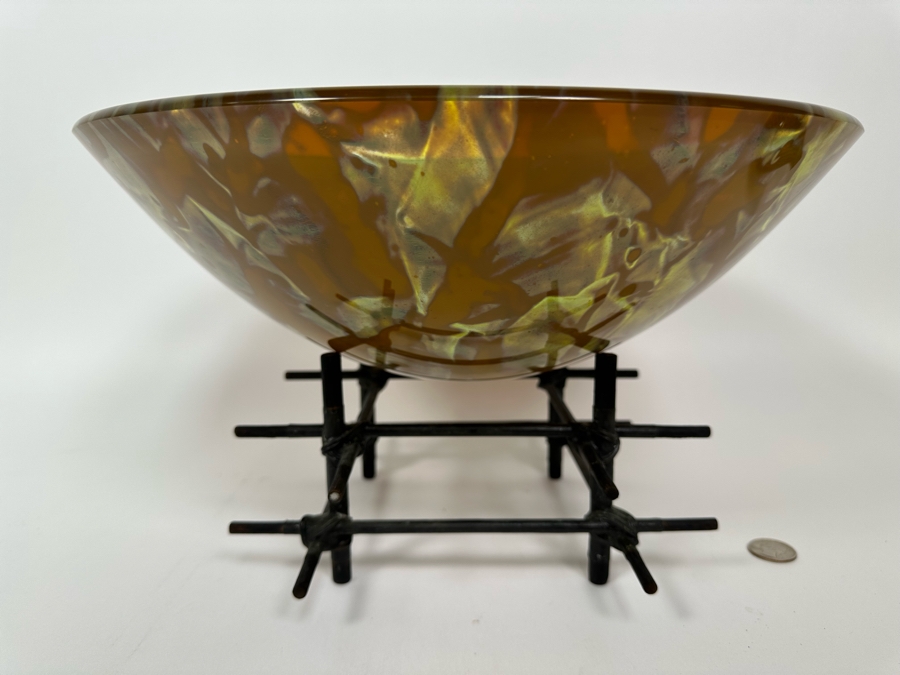 Scott Amrhein Translucent Art Glass Vessel Bowl With Custom Stand Signed Underneath 14W X 5H [Photo 3]