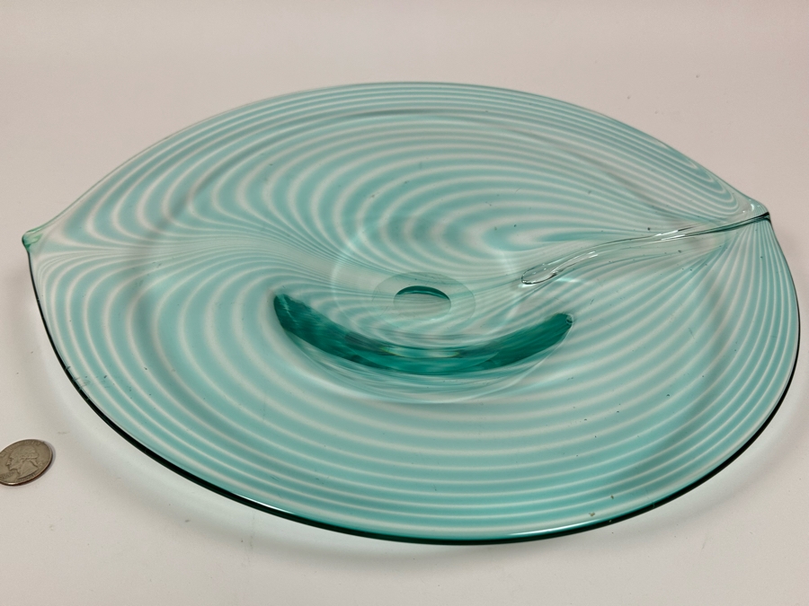 Green Leaf Design Platter Bowl Murano Style Studio Glass Unattributed 14 X 13.5 [Photo 6]