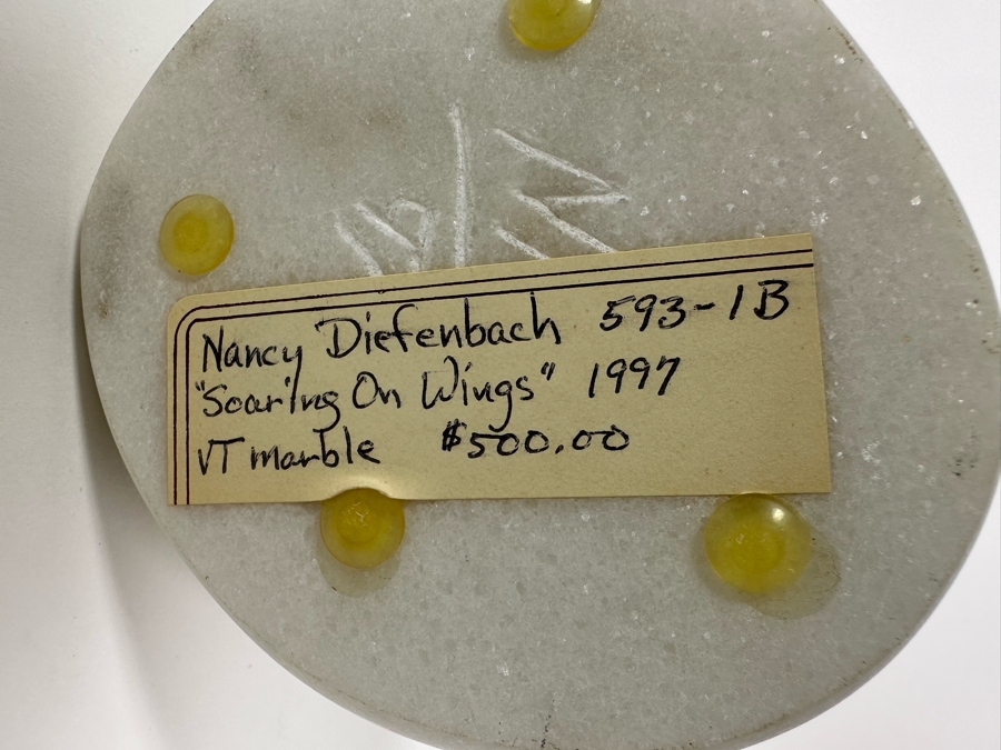 Nancy Diefenbach Original Carved White Vermont Marble Bird Sculpture Titled 'Soaring On Wings' 1997 12H [Photo 2]