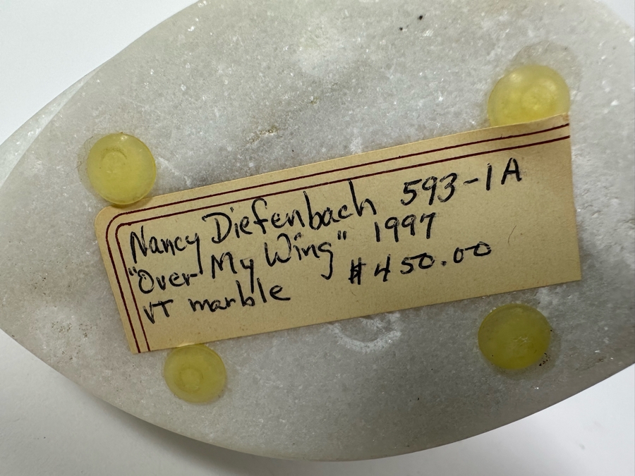 Nancy Diefenbach Original Carved White Vermont Marble Bird Sculpture Titled 'Over My Wings' 1997 6.5H [Photo 11]