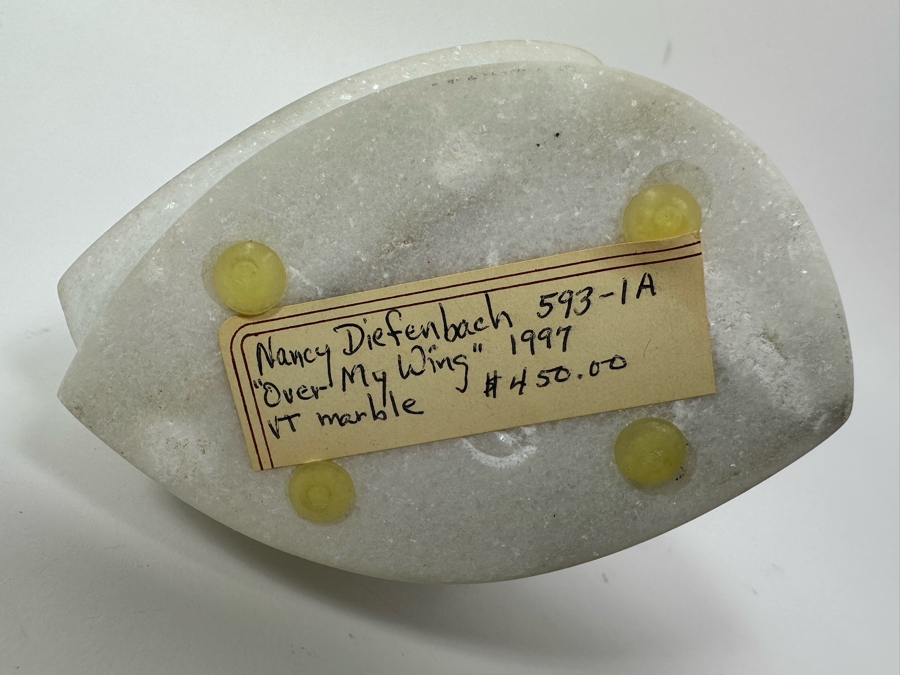 Nancy Diefenbach Original Carved White Vermont Marble Bird Sculpture Titled 'Over My Wings' 1997 6.5H [Photo 10]