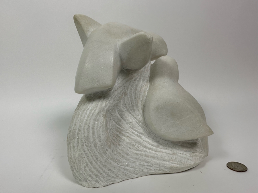 Nancy Diefenbach Original Carved White Vermont Marble Bird Sculpture Titled 'Caress Of Wings' 1997 8W X 4D X 8H [Photo 4]