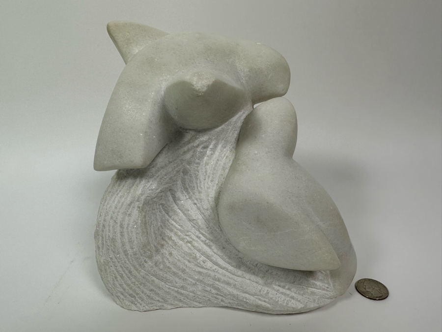 Nancy Diefenbach Original Carved White Vermont Marble Bird Sculpture Titled 'Caress Of Wings' 1997 8W X 4D X 8H [Photo 2]