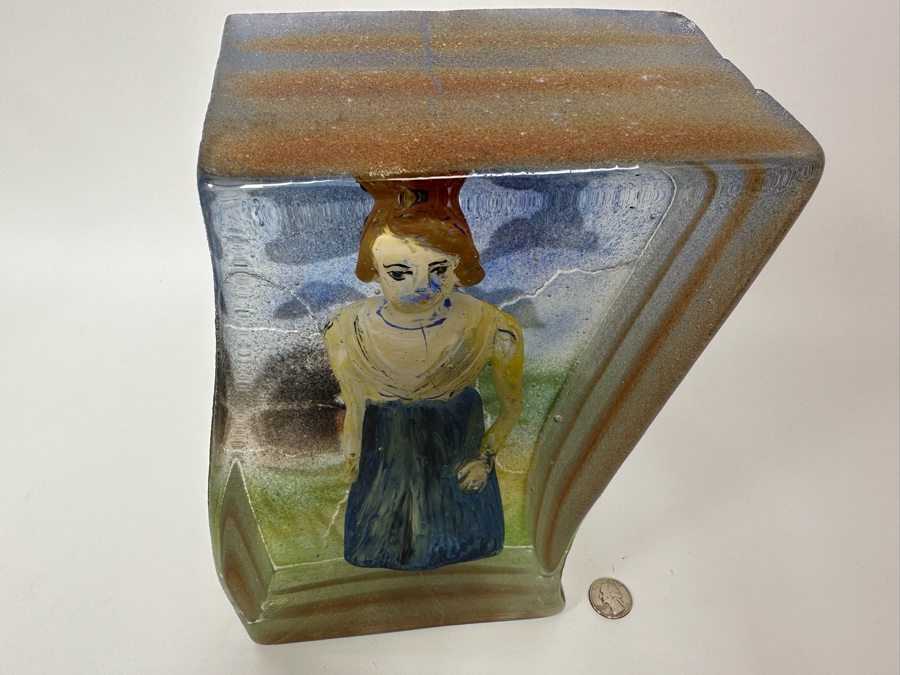 Stephanie Trenchard Sand Cast Glass Sculptures With Hovering Hand Sculpted Figures Of 1) Woman, 2) House, 3) The Sun / Popelka Trenchard Glass / 3 Glass Sculptures Stack To Form Totem - Very Heavy Retails $4,200 [Photo 42]