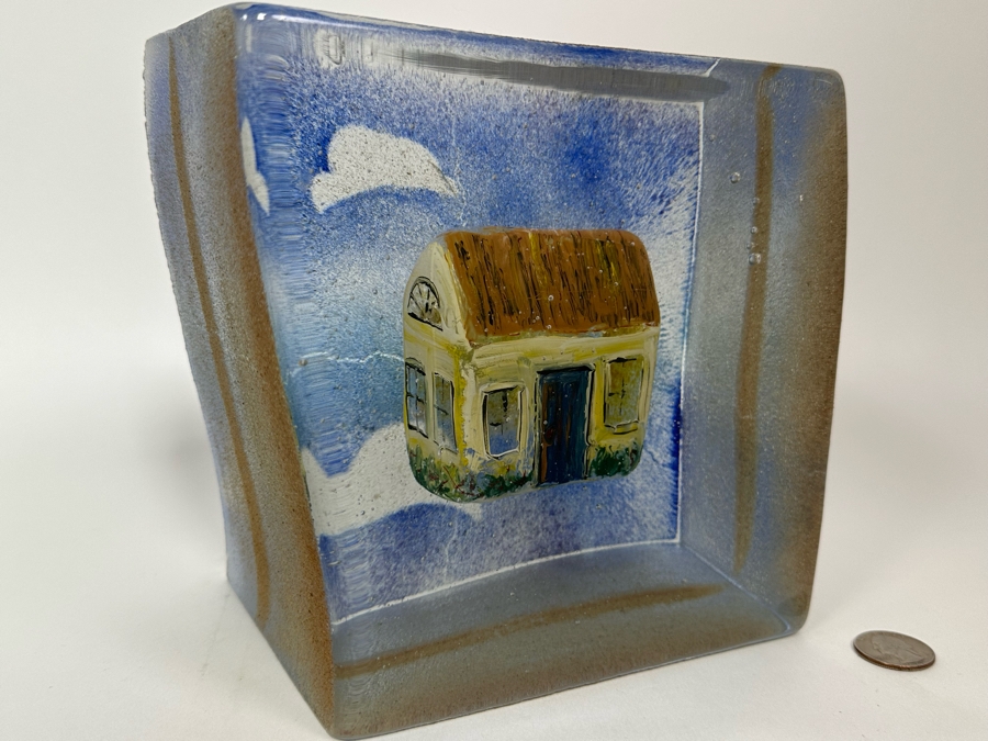 Stephanie Trenchard Sand Cast Glass Sculptures With Hovering Hand Sculpted Figures Of 1) Woman, 2) House, 3) The Sun / Popelka Trenchard Glass / 3 Glass Sculptures Stack To Form Totem - Very Heavy Retails $4,200 [Photo 10]