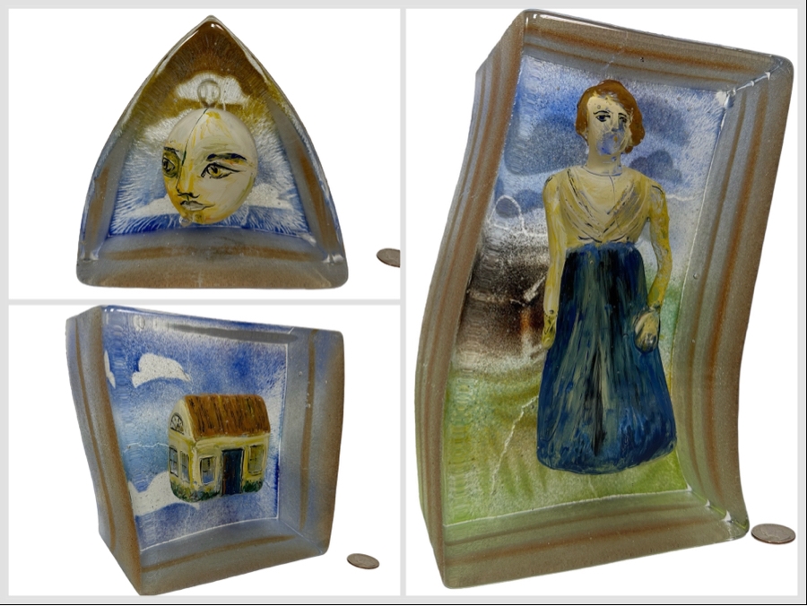 Stephanie Trenchard Sand Cast Glass Sculptures With Hovering Hand Sculpted Figures Of 1) Woman, 2) House, 3) The Sun / Popelka Trenchard Glass / 3 Glass Sculptures Stack To Form Totem - Very Heavy Retails $4,200 [Photo 2]