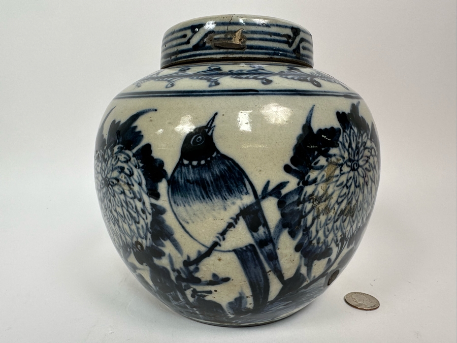 Antique Blue & White Chinese Porcelain Jar With Lid Circa 1880 Lid Has A Crack And Has An Antique Repair Done 7.5W X 8H [Photo 2]