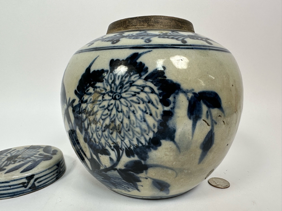 Antique Blue & White Chinese Porcelain Jar With Lid Circa 1880 Lid Has A Crack And Has An Antique Repair Done 7.5W X 8H [Photo 8]