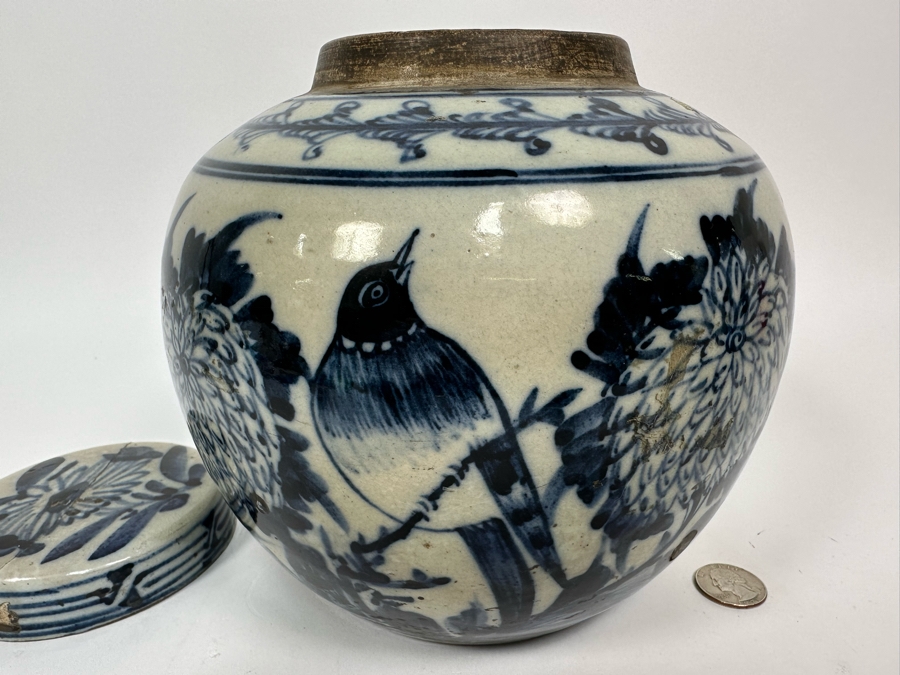 Antique Blue & White Chinese Porcelain Jar With Lid Circa 1880 Lid Has A Crack And Has An Antique Repair Done 7.5W X 8H [Photo 6]
