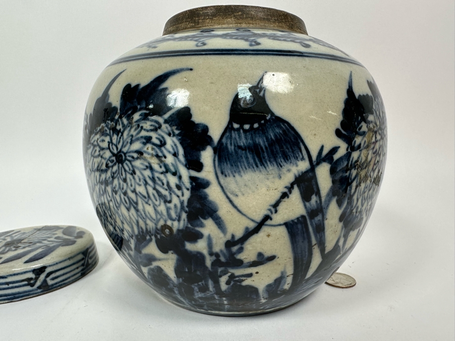 Antique Blue & White Chinese Porcelain Jar With Lid Circa 1880 Lid Has A Crack And Has An Antique Repair Done 7.5W X 8H [Photo 15]