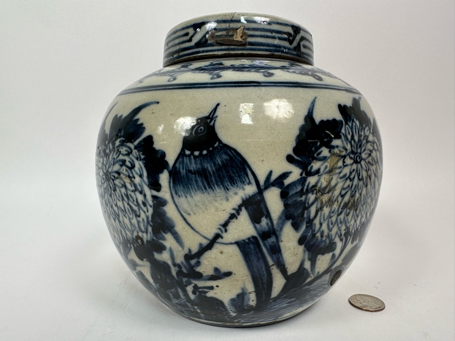 Antique Blue & White Chinese Porcelain Jar With Lid Circa 1880 Lid Has A Crack And Has An Antique Repair Done 7.5W X 8H [Photo 3]