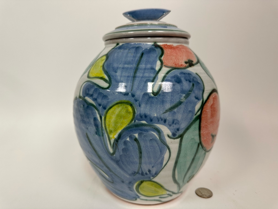 Hand Painted Art Pottery Jar With Lid Unattributed 11H [Photo 4]