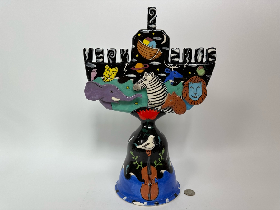 Garson-Pakele Hand Painted Noah's Ark Menorah With Slight Chip In Base 11W X 6D X 16H [Photo 2]
