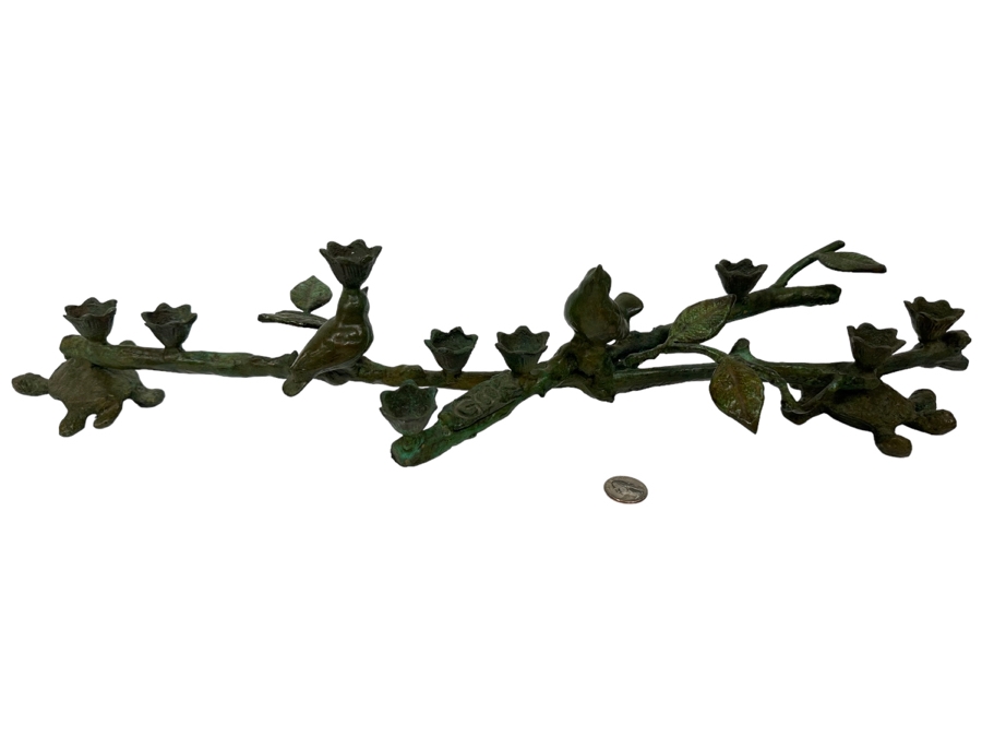 Ilana Goor (b. 1936, Israel) Bronze Figural Menorah Featuring Two Signed Birds, Two Signed Turtles And A Signed Branch With Nine Candle Holders 25W X 8D X 5H