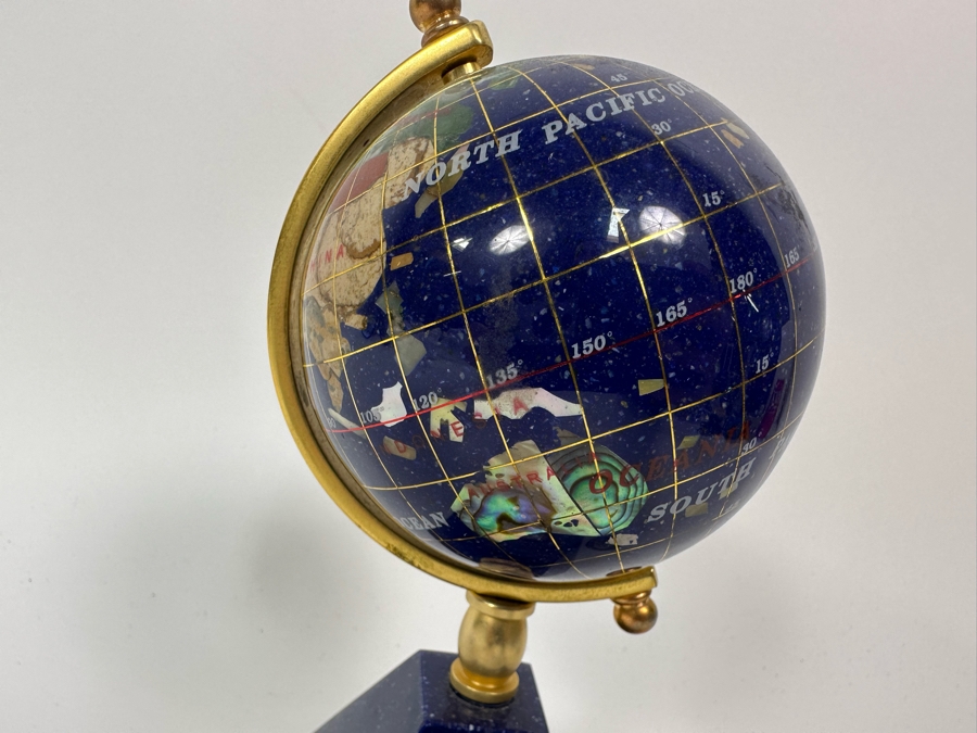 Small Inlaid Semi-Precious Stone Desk Globe With Clock 7H [Photo 6]