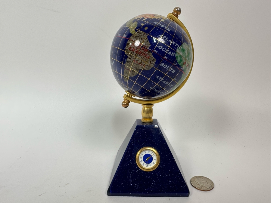 Small Inlaid Semi-Precious Stone Desk Globe With Clock 7H [Photo 2]