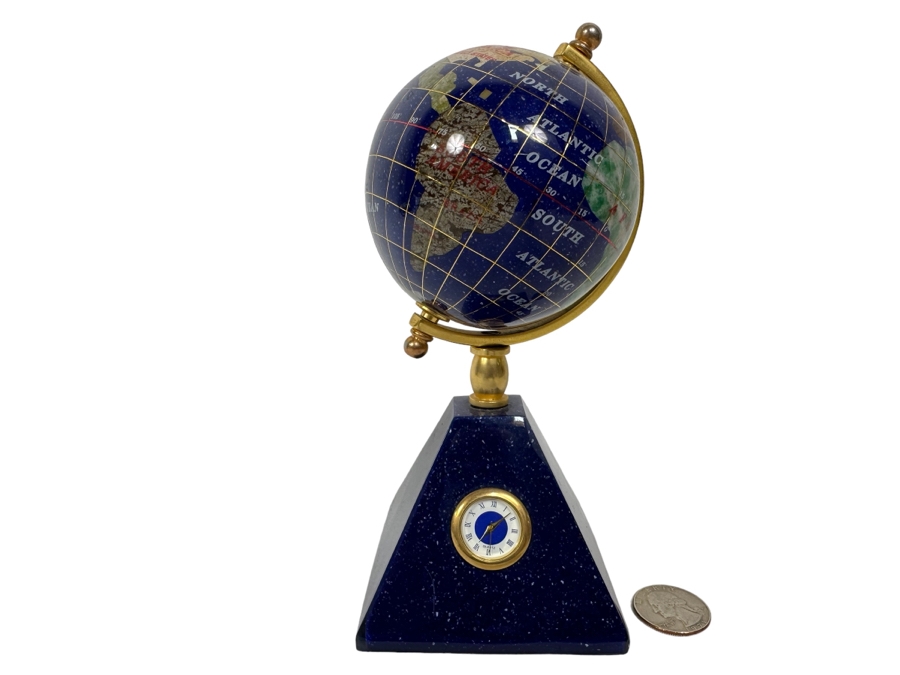 Small Inlaid Semi-Precious Stone Desk Globe With Clock 7H