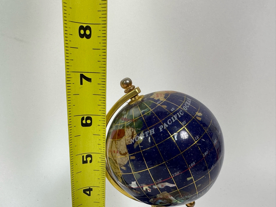 Small Inlaid Semi-Precious Stone Desk Globe With Clock 7H [Photo 10]