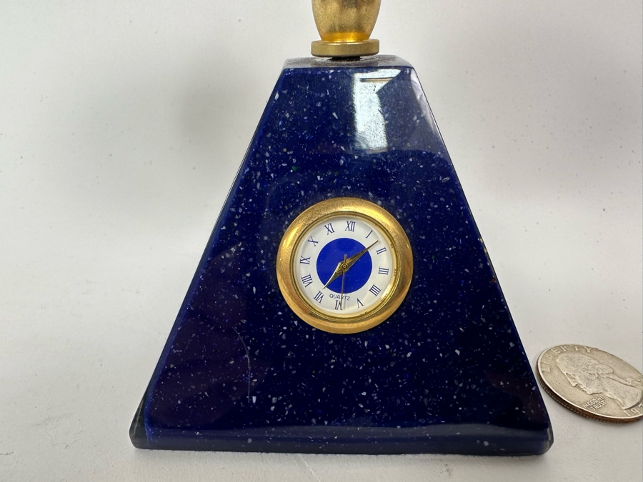 Small Inlaid Semi-Precious Stone Desk Globe With Clock 7H [Photo 8]