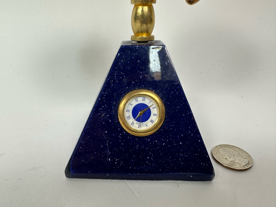 Small Inlaid Semi-Precious Stone Desk Globe With Clock 7H [Photo 9]