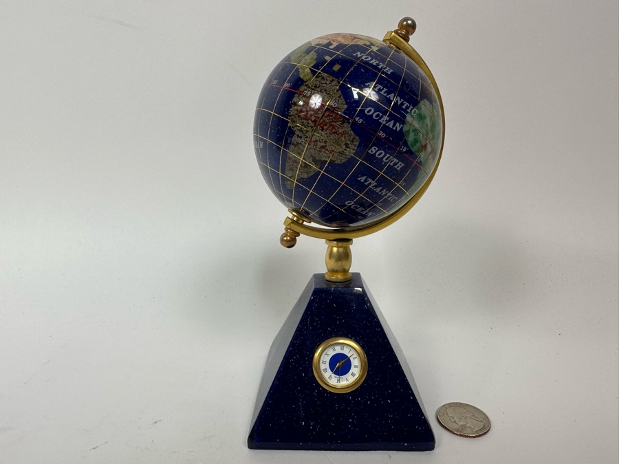 Small Inlaid Semi-Precious Stone Desk Globe With Clock 7H [Photo 3]