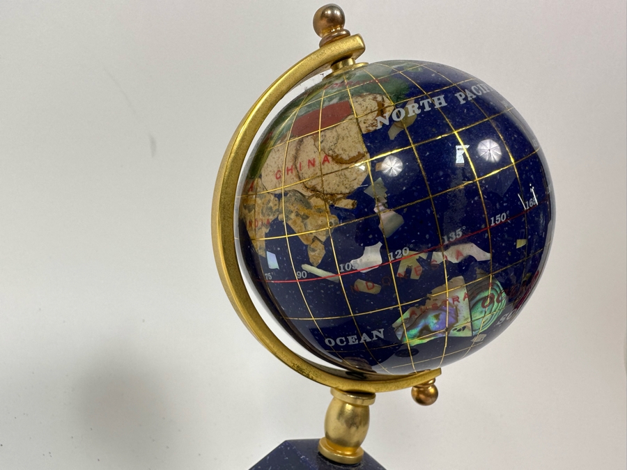 Small Inlaid Semi-Precious Stone Desk Globe With Clock 7H [Photo 7]