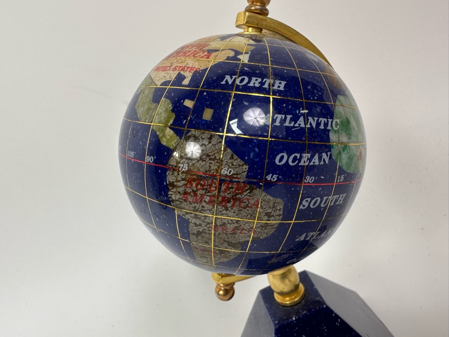 Small Inlaid Semi-Precious Stone Desk Globe With Clock 7H [Photo 4]