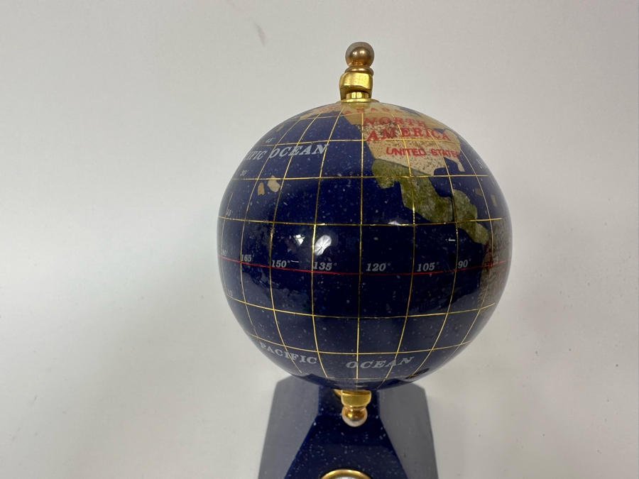 Small Inlaid Semi-Precious Stone Desk Globe With Clock 7H [Photo 5]
