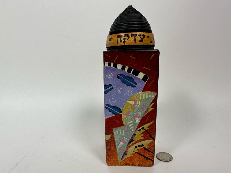 Artist Signed Hand Painted Judaica Wooden Charity Box Tzedakah Box 8.5H [Photo 2]