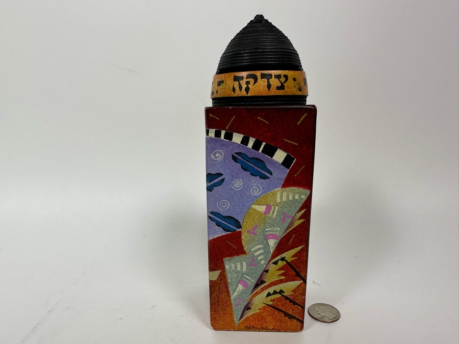 Artist Signed Hand Painted Judaica Wooden Charity Box Tzedakah Box 8.5H [Photo 3]
